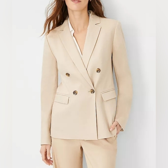 Ann Taylor Double-Breasted Blazer 12 Tall Herringbone Linen Blend Jacket NEW - Picture 1 of 14